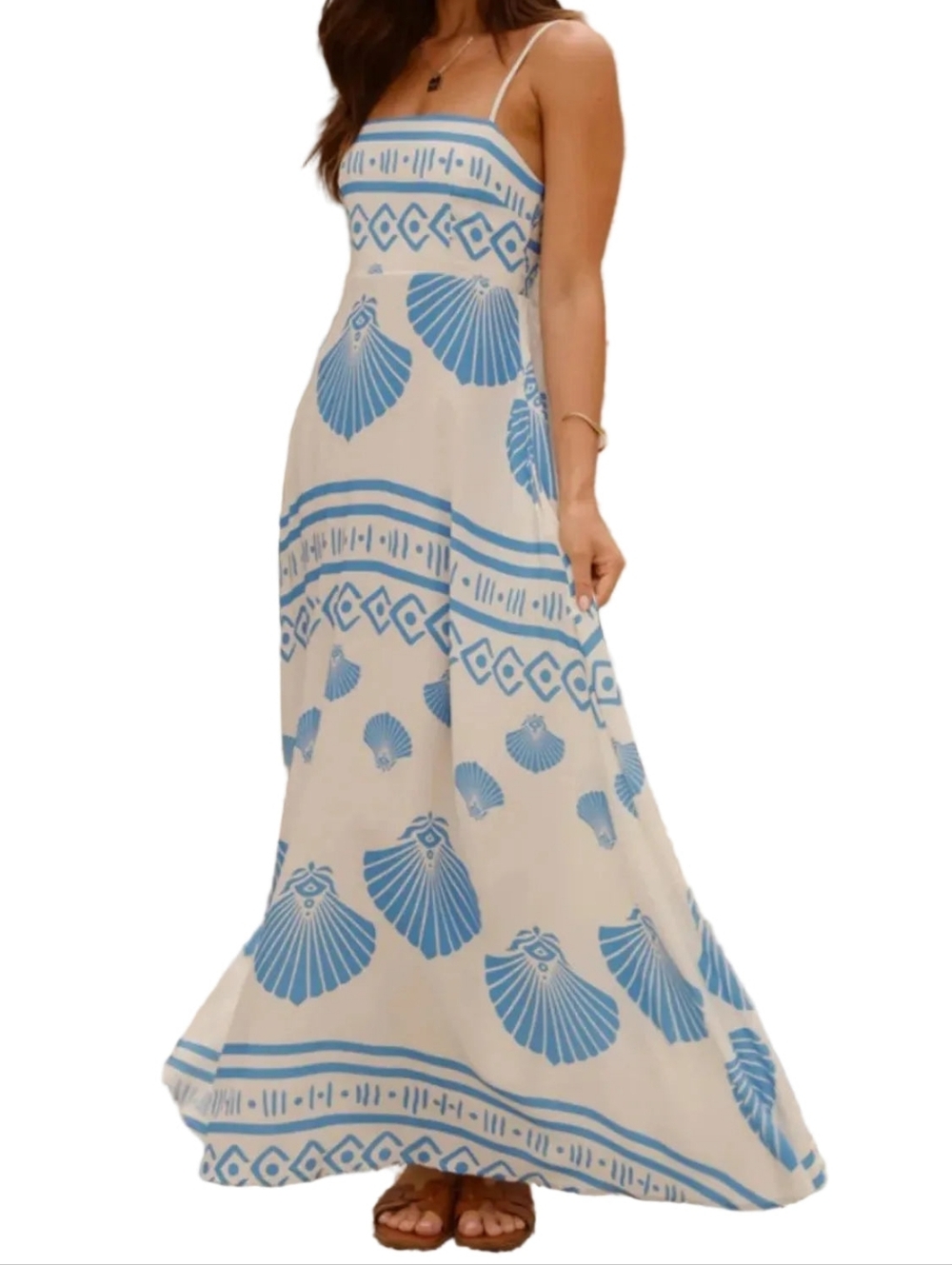 Coastal Seashell Side Pocket Sleeveless Smocked Back Island Beachy Maxi Dress - Picture 12 of 13